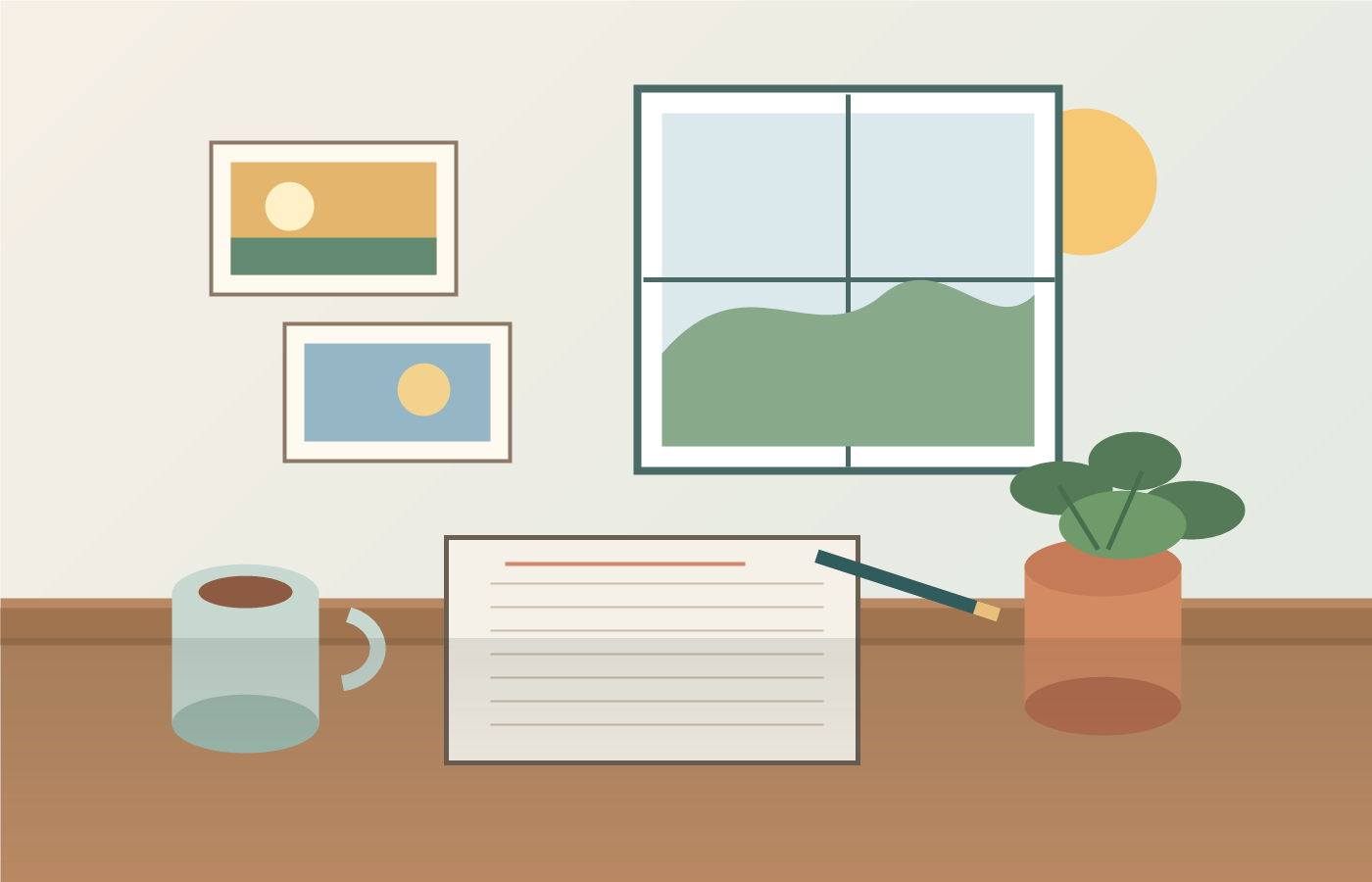 书桌、窗景、笔记本与植物构成的生活记录场景